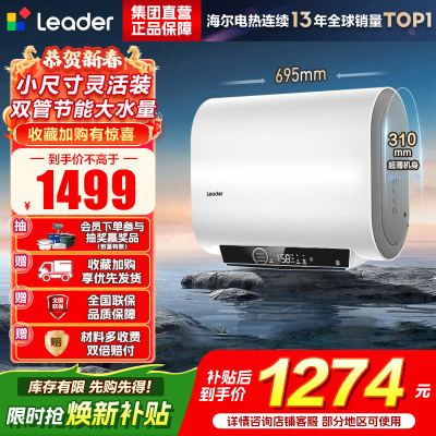 海尔出品统帅60升双胆电热水器家用储水式双2200W速热国家补贴15%扁桶镁棒免换LEC6001HD-F3MINI