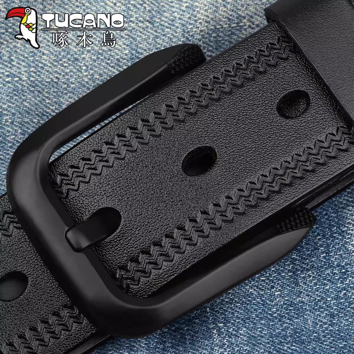 啄木鸟牛皮层皮带男真皮青年腰带休闲针扣头裤带纯手工真皮压花潮