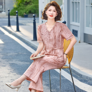 妈妈装短袖套装时尚休闲中老年女士夏装两件套40-60岁女装中年薄