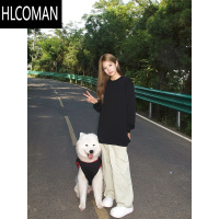 HLCOMAN纯黑色无帽卫衣男款美式复古cleanfit外套圆领长袖t恤打底衫内搭