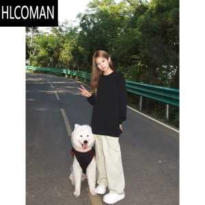 HLCOMAN纯黑色无帽卫衣男款美式复古cleanfit外套圆领长袖t恤打底衫内搭