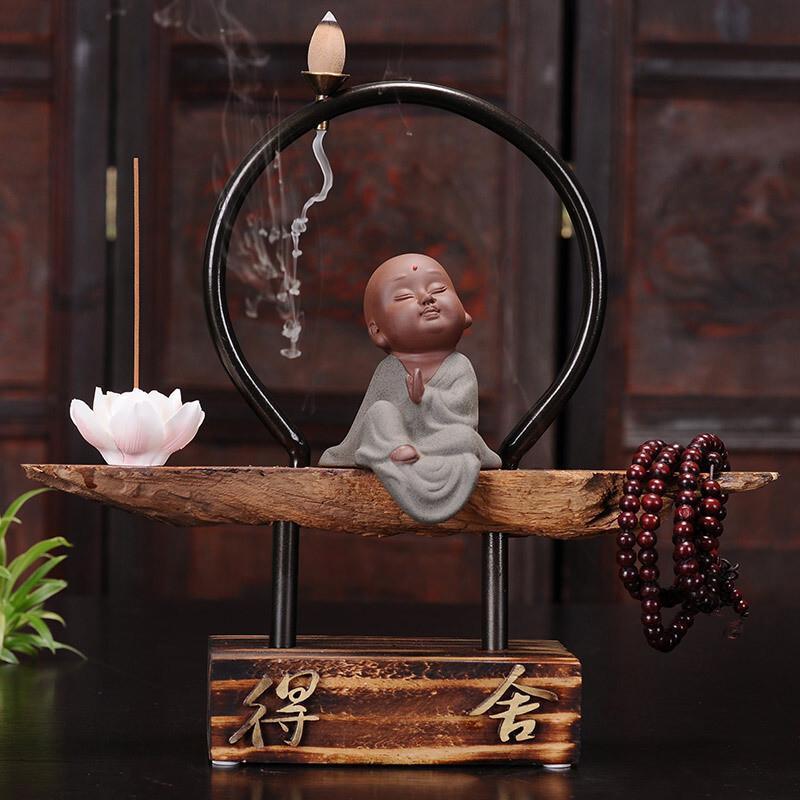 创意摆件倒流香炉禅意工艺品檀香沉香香薰炉客厅酒柜装饰品小沙弥