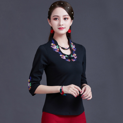 语娄中国风春夏装新款民族风女装复古上衣刺绣七分袖女t恤大码打底衫2021大码女装