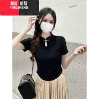 YIBUSHENG新中式中国风短袖t恤女2024季黑色小个子古风修身盘扣短款上衣