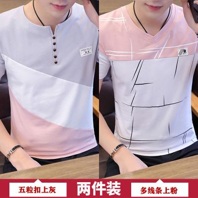 珂卡慕(KEKAMU)男士95棉短袖T恤休闲打底体恤衫青少年修身学生韩版上衣五粒扣上灰+多线条上粉M