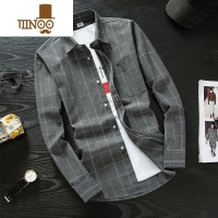 YANXU秋季长袖格子衬衫男士韩版修身情侣装条纹衬衣潮男装衫寸衣服外套