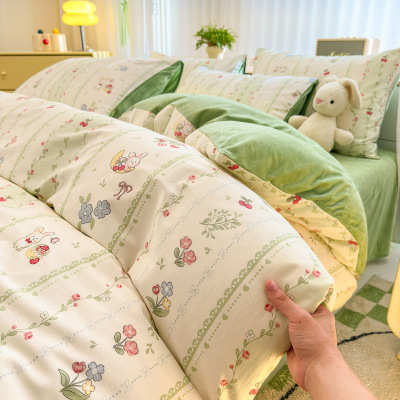 新款棉加绒四件套A面100%纯棉B面牛奶绒秋冬款加厚保暖牛奶绒套件