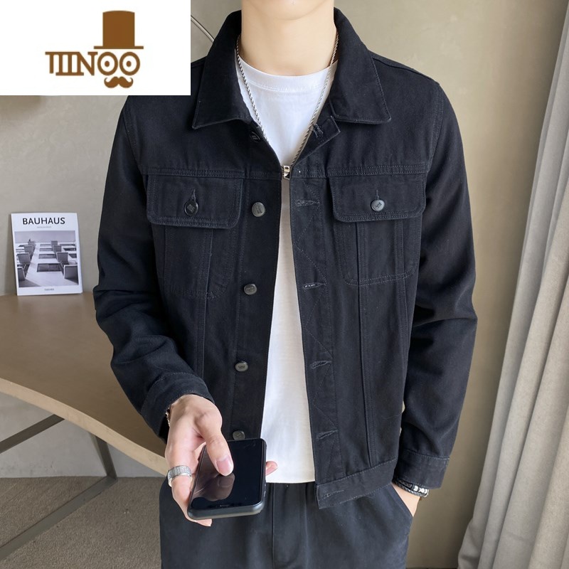YANXU潮牌青年牛仔外套男士2023新款黑色潮流男装修身牛仔夹克男
