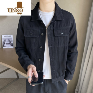 YANXU潮牌青年牛仔外套男士2023新款黑色潮流男装修身牛仔夹克男