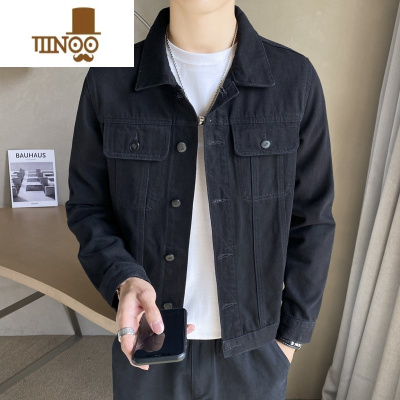 YANXU潮牌青年牛仔外套男士2023新款黑色潮流男装修身牛仔夹克男