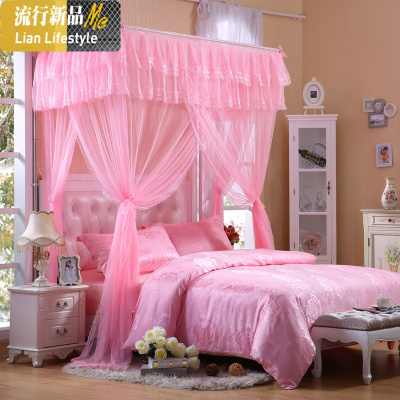 u型导轨可伸缩蚊帐1.8m家用加密加厚1.5m2米床落地宫廷纹账三开 三维工匠