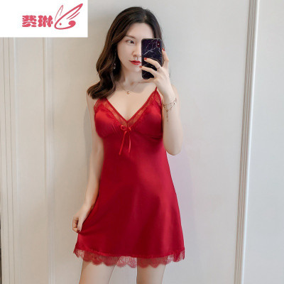 睡衣女夏冰丝V领性感花边睡裙女士薄款家居服带胸垫费琳