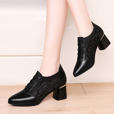 古奇天伦皮鞋女鞋2020新款春季休闲鞋牛皮蕾丝网纱系带黑色单鞋妈妈鞋983698379838