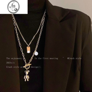 JiMi小熊铭牌ot扣钛钢项链女ins嘻哈潮酷长款配饰秋冬双层装饰毛衣链 小熊双层项链钛钢