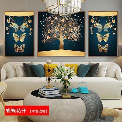 北欧壁画三联组合沙发背景墙客厅装饰画 蝴蝶花开(木色边框) 30*50cm三联套装(建议2米以下沙发)土豪金[铝合金框]