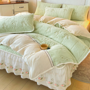 加绒加厚兔毛绒四件套床上用品秋冬季牛奶绒珊瑚绒花边床笠罩被套
