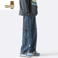 YANXU牛仔裤男2023新款美式复古直筒高街潮牌宽松阔腿开叉长裤子