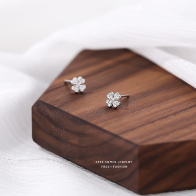 999银镶钻四叶草耳钉女ins风轻奢简约超闪气质百搭银饰品耳饰代发送女朋友老婆情人节七夕生日礼物
