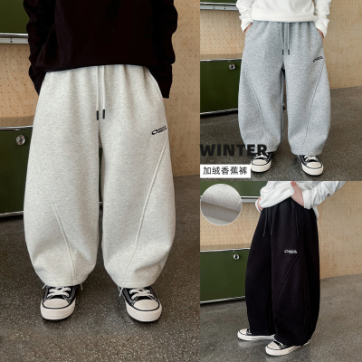 童酷男童冬季新款百搭字母刺绣宝宝休闲裤拼接加绒儿童卫裤潮