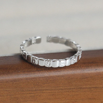 S925纯银方块肌理熔岩细戒指女食指戒开口指环小众设计潮流银饰送女朋友老婆情人节七夕生日礼物