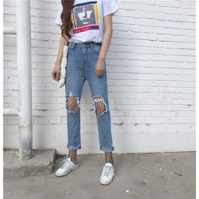 春夏薄款高腰膝盖破洞牛仔裤女九分裤bf风显瘦弹力毛边直筒裤