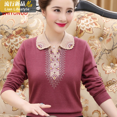 恋名媛中老年女装秋装针织衫大码妈妈装毛衣加肥加大春秋翻领毛打底衫大码女装