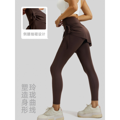 新款抽绳褶皱瑜伽裙裤女假两件显瘦防尴尬运动健身长裤