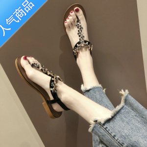 SUNTEK罗马凉鞋女夏仙女风平底学生2022新款百搭夹脚趾水钻人字波西米亚