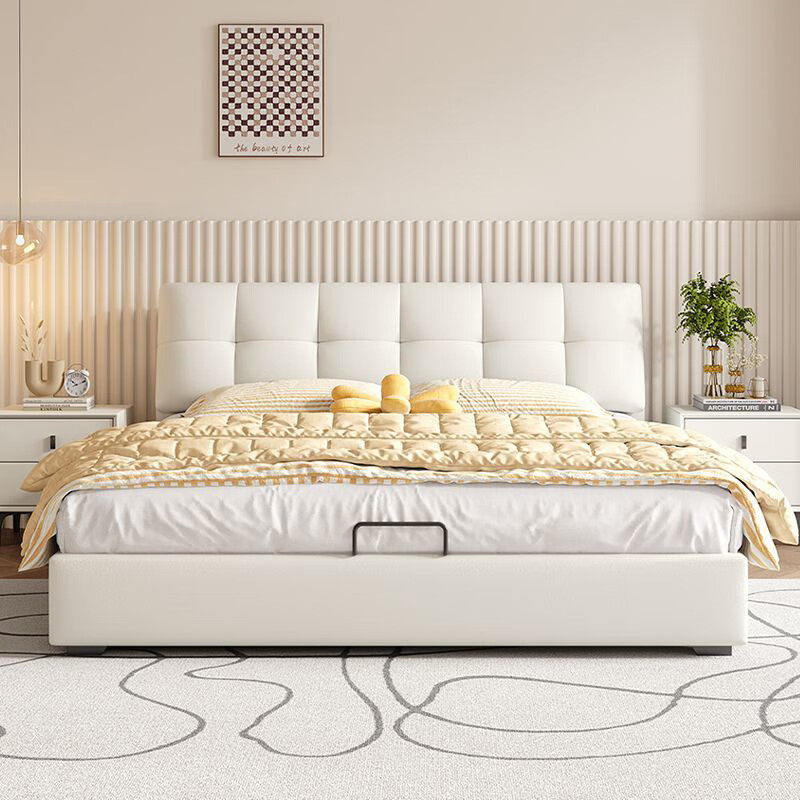 奶油风科技布床轻奢现代简约双人床主卧云朵泡芙床软包实木储物床