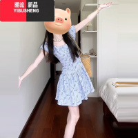 YIBUSHENG蓝色法式泡泡袖一字肩气质碎花连衣裙子女季2024新款设计感短裙