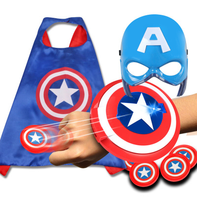 99-10-万圣节儿童钢铁侠美国队长大蜂擎天柱动发光面具声光剑套装复仇者蜘蛛侠激光剑玩具声光发射盾+发光面具+披风