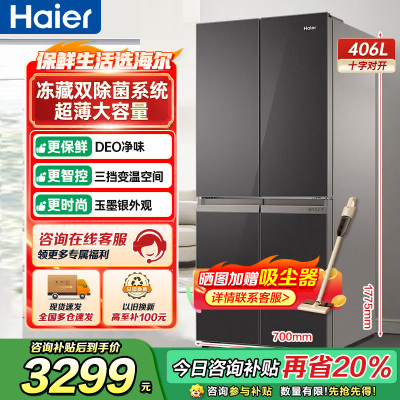海尔(Haier)406升十字对开门超薄嵌入冰箱 彩晶面板 DEO净味养鲜 家用 BCD-406WLHTDEDSLU1