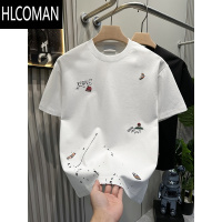 HLCOMAN高端个性刺绣短袖t恤男衣服2025夏季新款男士圆领半截袖