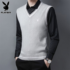 花花公子毛衣男士V领马甲针织衫秋冬季坎肩背心马夹外套男装秋款