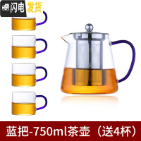 三维工匠加厚 耐热玻璃茶壶茶具 透明不锈钢泡茶壶家用可高温玻璃茶壶套装 蓝把-750茶壶(送4杯)