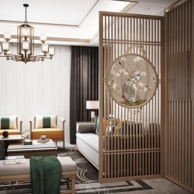 新中式屏风隔断客厅布艺玄关办公简约现代实木顶天立地座屏入户 胡桃木全镂空80*240cm 整装