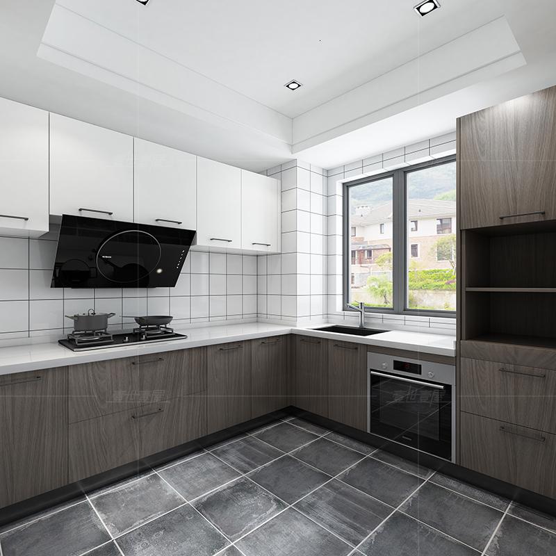 一屋现代木纹全屋整体厨房橱柜定制开放式组合厨柜装修设计定做闪电客