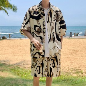 套装男新款美式潮牌休闲运动套装男翻领短袖宽松衬衣夏威夷两件套
