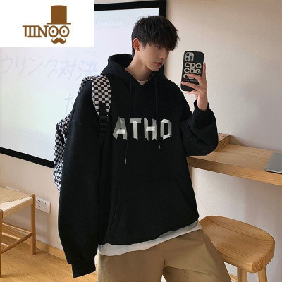 YANXU加绒加厚连帽卫衣男士潮流ins套头上衣港风宽松BF外套