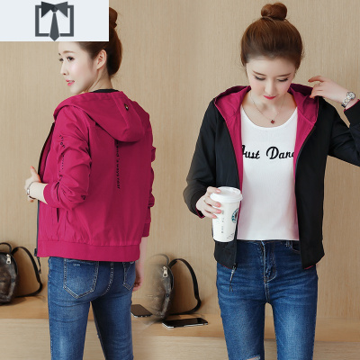 SUNTEK双面穿短款薄风衣女2021春秋新款韩版休闲百搭连帽夹克棒球服外套风衣