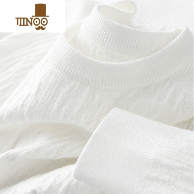 YANXU软糯舒适~秋季薄款雪尼尔保暖提花白色圆领毛衣男修身针织衫男士