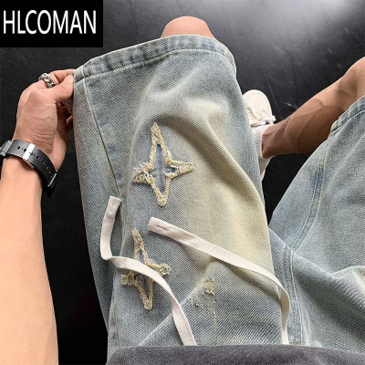 HLCOMAN牛仔短裤男夏美式复古高街五分裤潮牌水洗设计感宽松阔腿百搭中裤