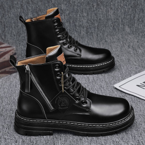 男士秋季上新款拉链款纯色简约马丁靴皮革透气休闲时尚假系带靴子