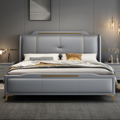 意式真皮床轻奢现代简约双人床主卧室软包储物皮艺床家用实木婚床