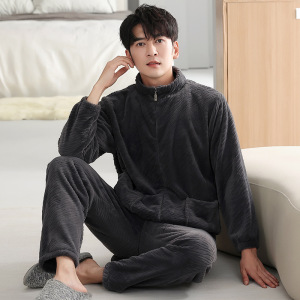 睡衣男士冬季珊瑚绒加厚加绒拉链款法兰绒秋冬保暖大码家居服套装