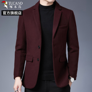 啄木鸟2025秋冬季小西装外套爸爸羊毛呢子加厚中年男士西服加厚C