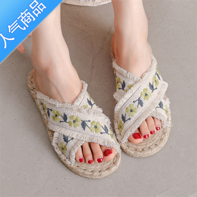 SUNTEK2023夏季老北京布鞋民族风亚麻平底绣花女拖鞋外穿草编渔夫凉鞋
