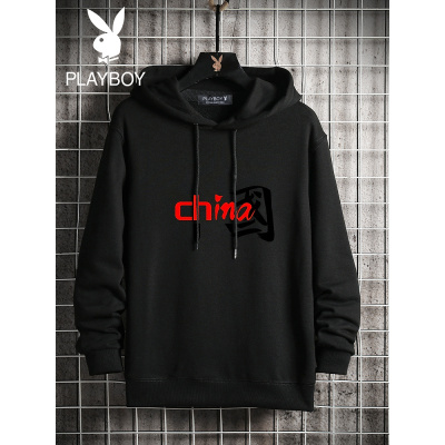 花花公子中国印字男士连帽卫衣秋季宽松大码长袖国潮2021新款上衣
