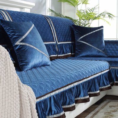 家柏饰(CORATED)毛绒沙发垫四季通用皮沙发防滑坐垫子简约现代时尚沙发套罩 暖熙-蓝色 90*240cm+花边