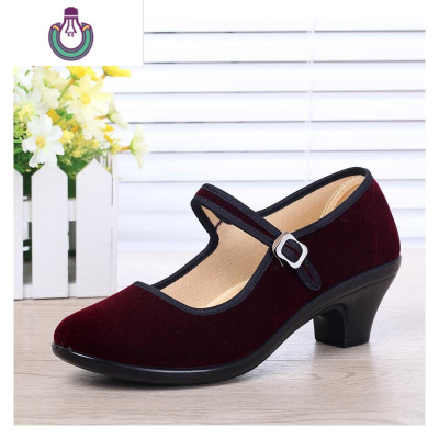 FISHBASKET老北京布鞋女广场舞蹈鞋绒面高跟礼仪鞋工作鞋透气轻底黑平绒单鞋休闲鞋